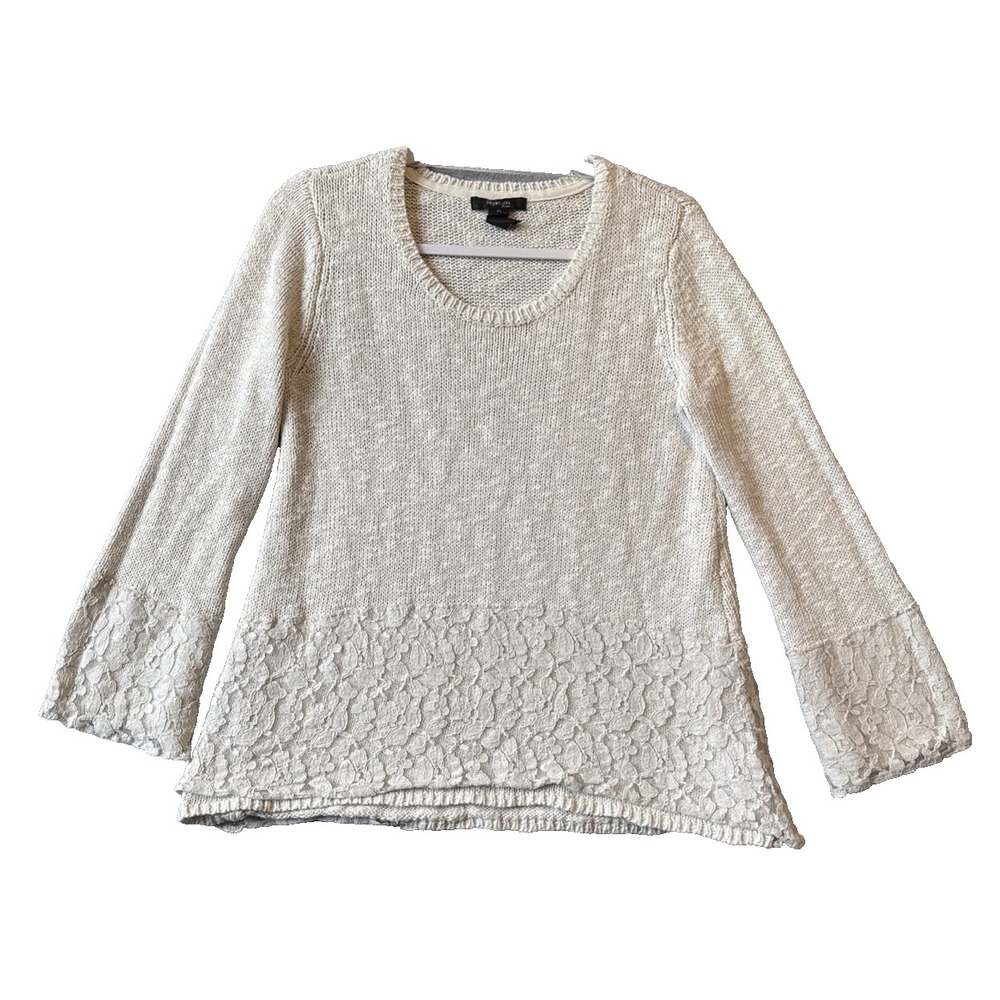 Style & Co Petite PL Cotton Knit Shimmer Metallic Sweater Cream Floral Lace Trim